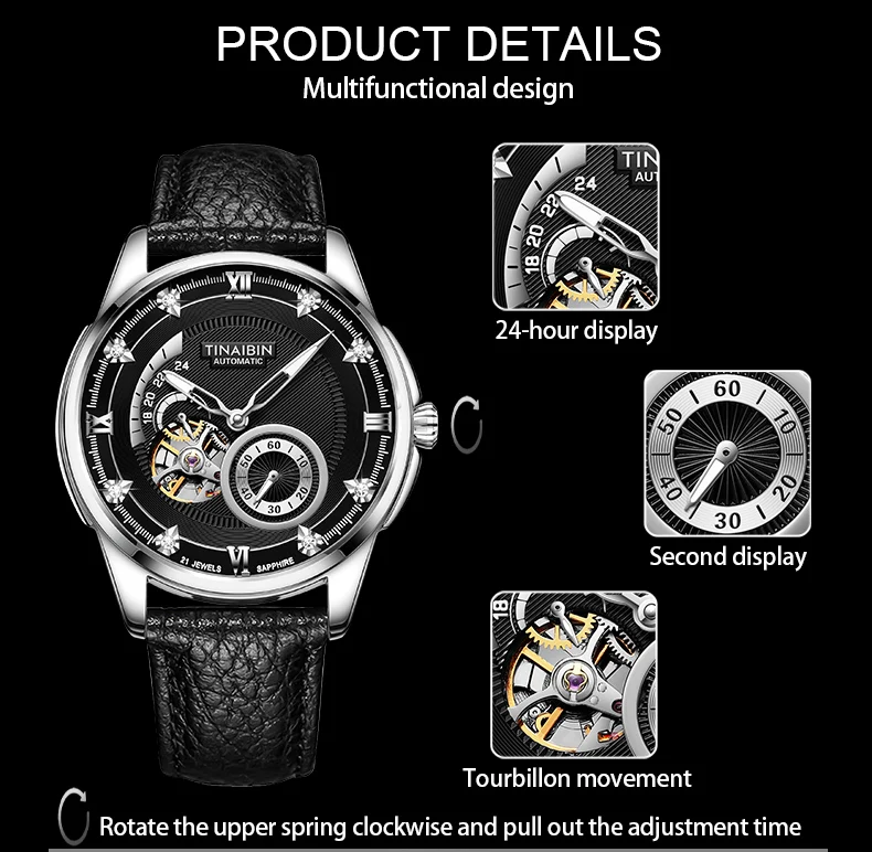 Мужские часы Top Skeleton Roman Diamond с автоматическим механизмом кожаные