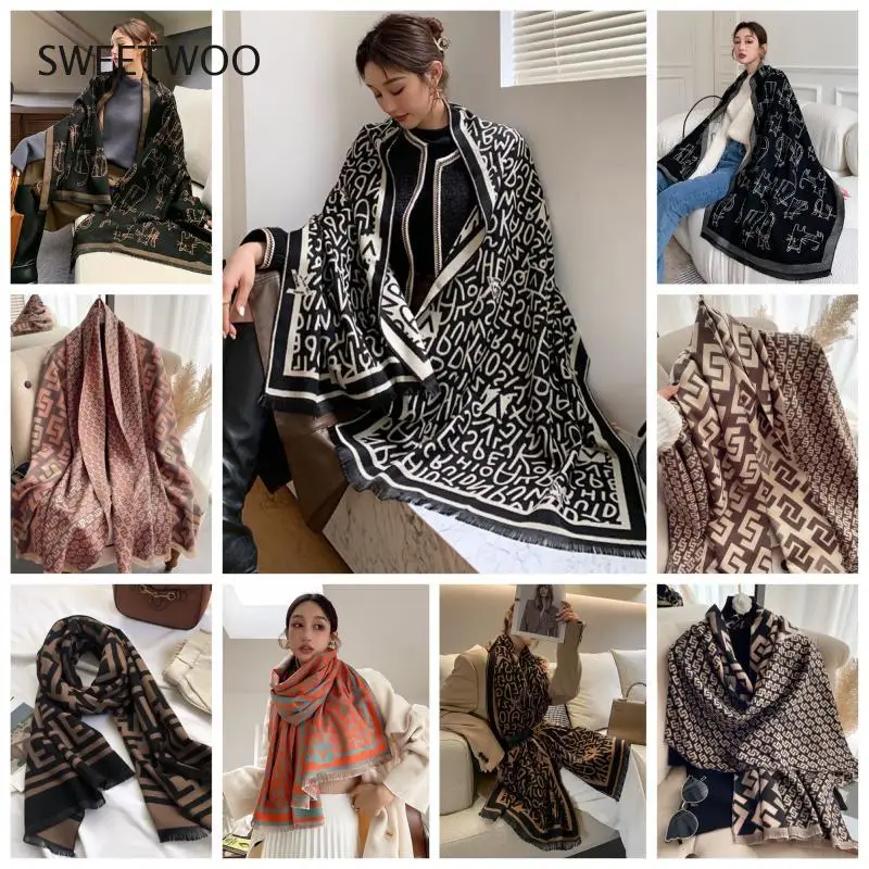 

New Letter Thick Cashmere Scarf Shawl Women Luxury Pashmina Warm Blanket Neckerchief Bufanda Decorate Stoles Fashion Tide 2021