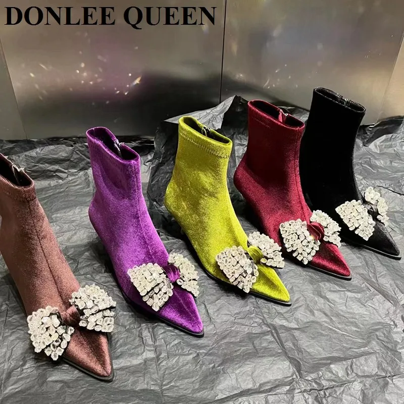 

Women Pointy Toe Velvet Silk Rhinestones Bow Buckle Ankle Boots Stilettos Med Heels Shoes 2022 Autumn Winter Short Booties Mujer