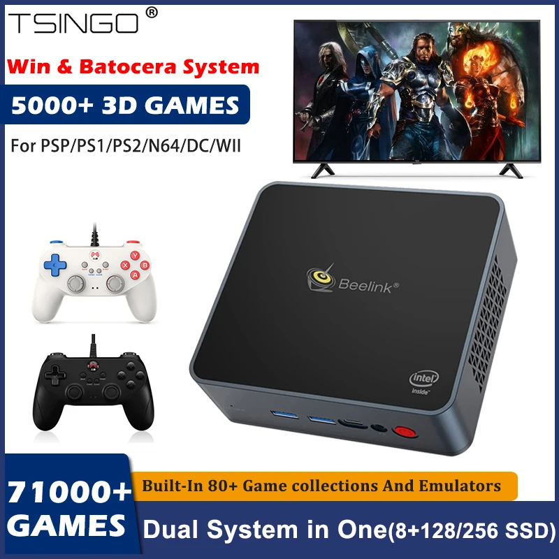 

TSINGO Win 10 + система Batocera Plug and Play, встроенные 71000 + игр, двойной экран, HD выход, ТВ-плеер для PS2/WII/PS1/SS/N64