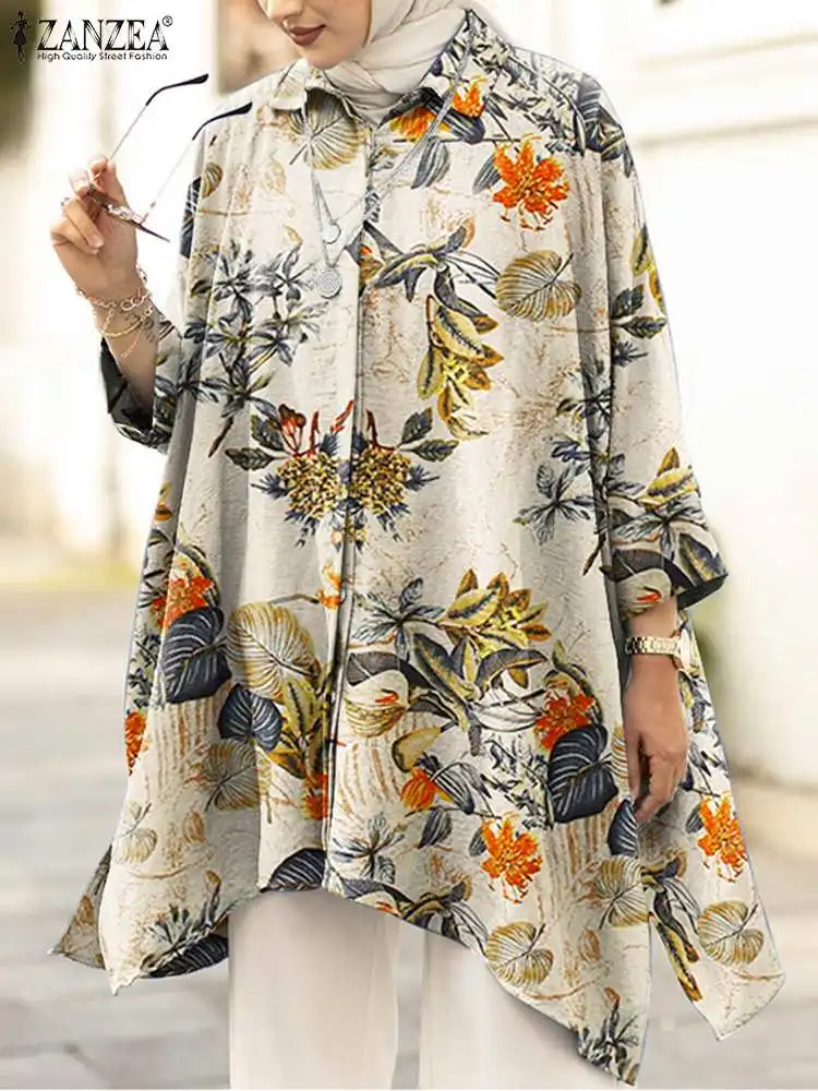 

ZANZEA Women Lapel Neck Bat SleeveBlouse Bohemian Shirt Casual Loose Abaya Islamic Clothing Vintage Floral Printed Muslim Tops