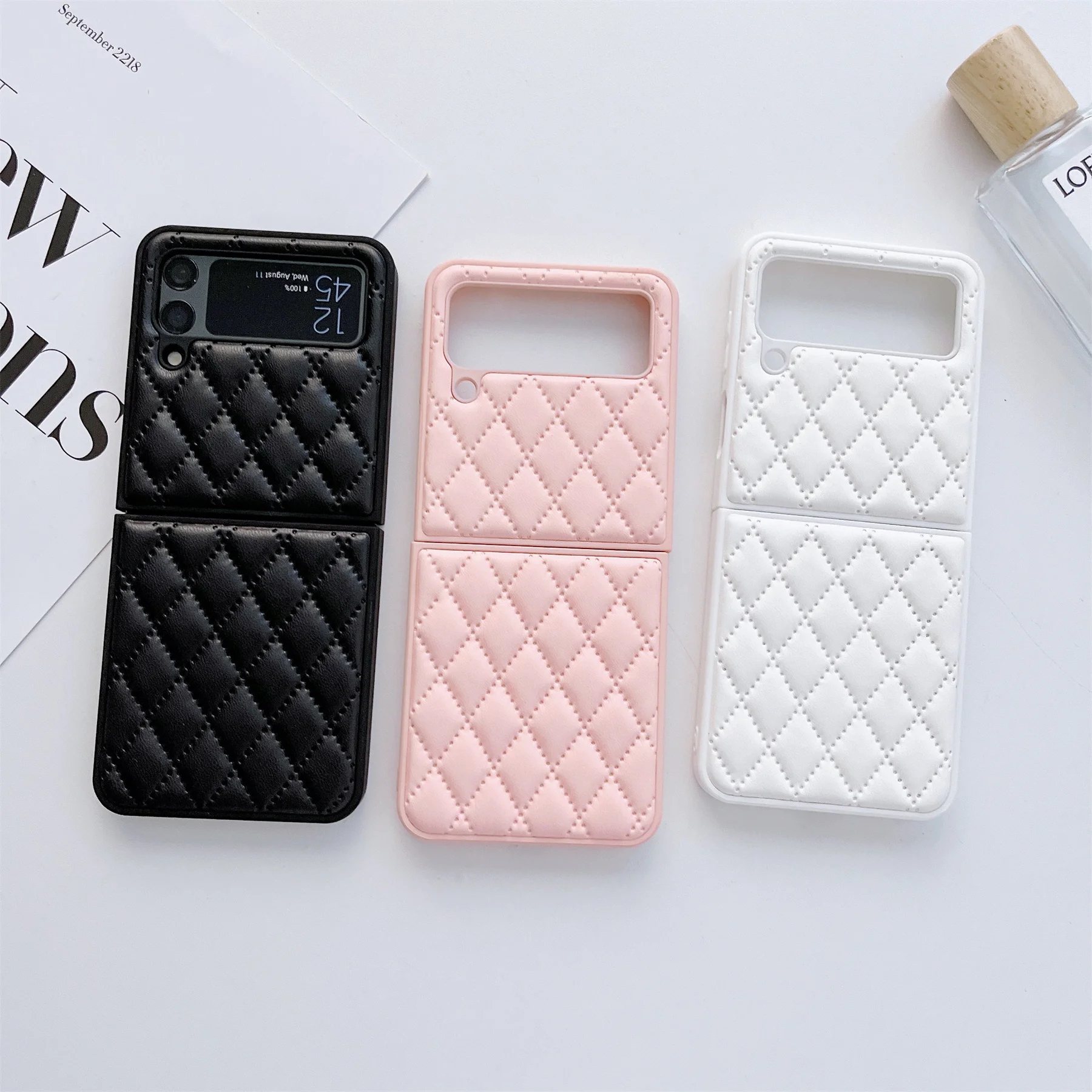 

Роскошный корейский Ретро-чехол для телефона с ромбовидным узором, розовый, белый, черный чехол для Samsung Galaxy Z Flip 3, 4 5G Z, Flip3, Zflip3, Flip4, противоударный чехол