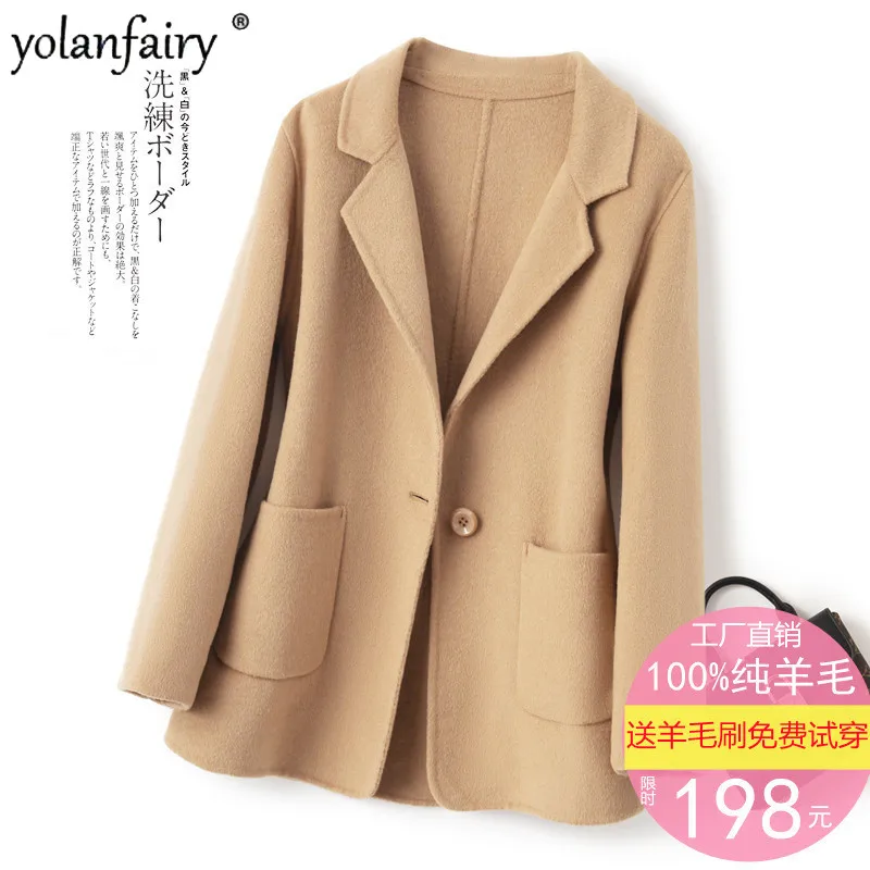 

Женское двухстороннее шерстяное пальто, короткое пальто в стиле Хепберн с воротником-костюмом, 100% шерсти, элегантная одежда, женская одежда