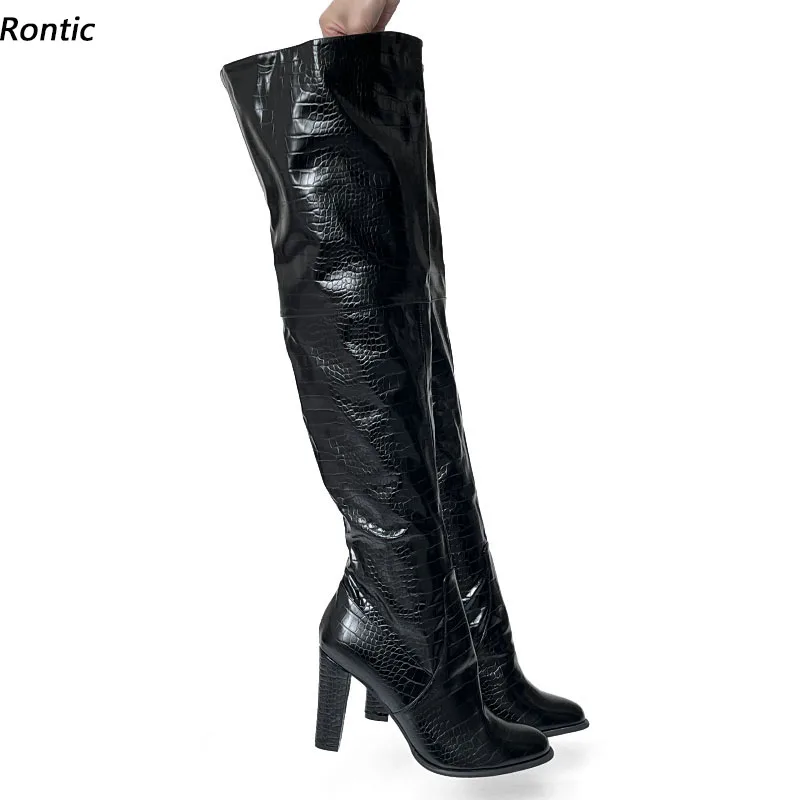 

Rontic New Arrival Women Winter Thigh Boots Crocodile Square High Heels Round Toe Pretty Black Party Shoes US Size 5-20