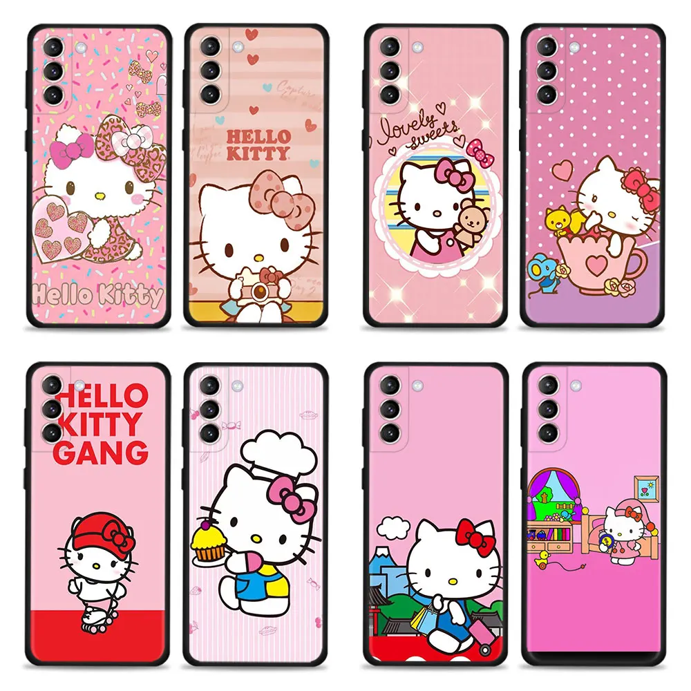 

Cartoon Pink Cat Hello Kitty Phone Case For Samsung Galaxy S21 S20 FE S22 S21 S20 Ultra Coever S10 S9 S8 Plus Shockproof Funda