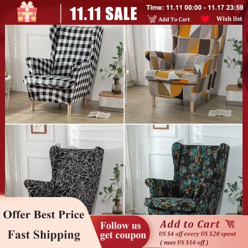 

Printed Relax Wing Chair Cover Stretch Spandex Wingback Armchair Covers Elastic Wing Sofa Slipcovers with Seat Cushion Covers