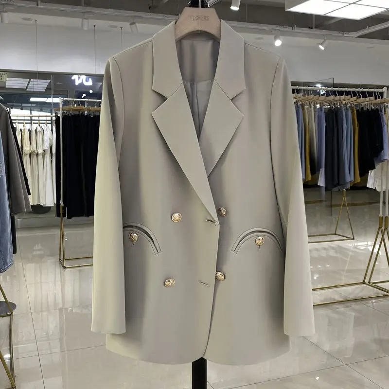 

2022 Spring And Autumn Khaki Design Suit Jacket Women's Double-Breasted Fashion Long Sleeve Straight Blazer Outerwear h1768