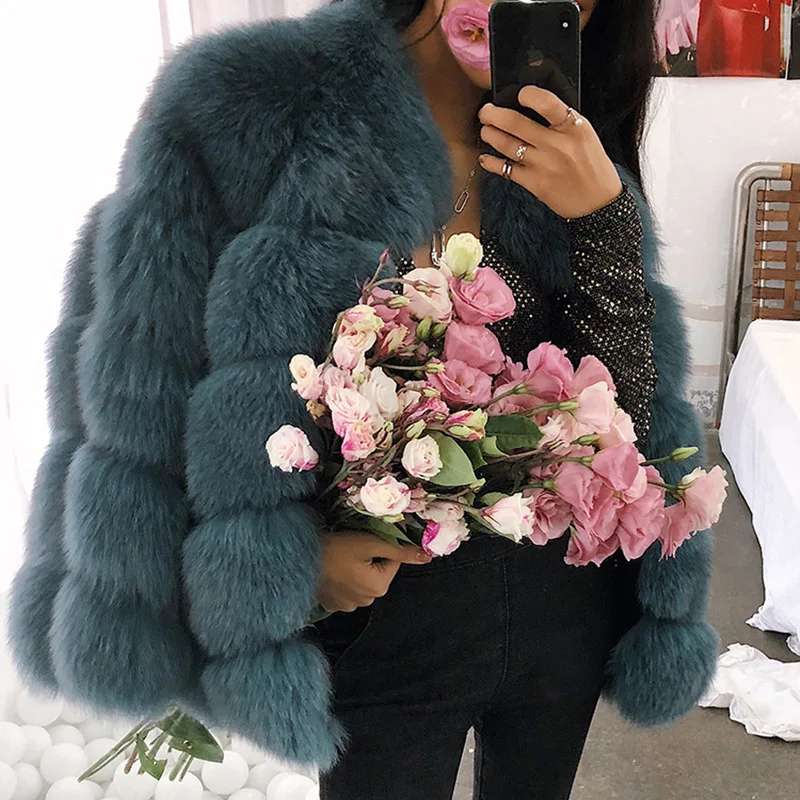 

Женская меховая куртка высокого качества, роскошная теплая плотная куртка из искусственного лисьего меха, красивая розовая, красная, корич...