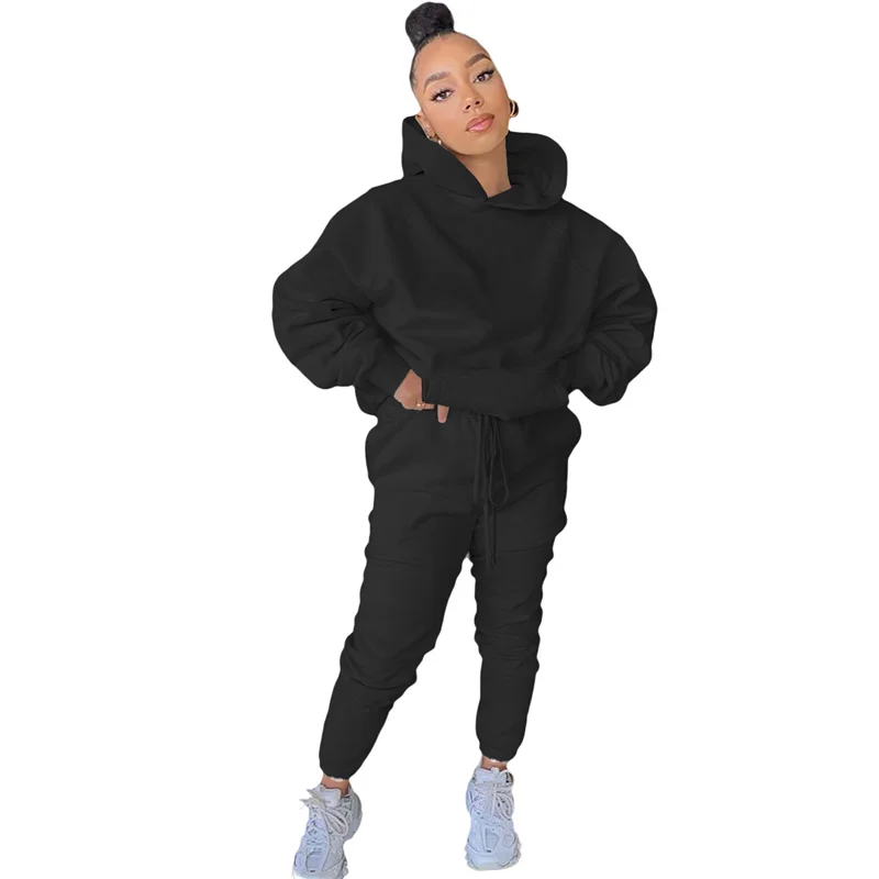 

2 Piece Set Women Tracksuit Pullover Hood Top Drawstring Long Pants Suit Autumn Winter Warm Solid Lounge Wear Outfit Streetwear
