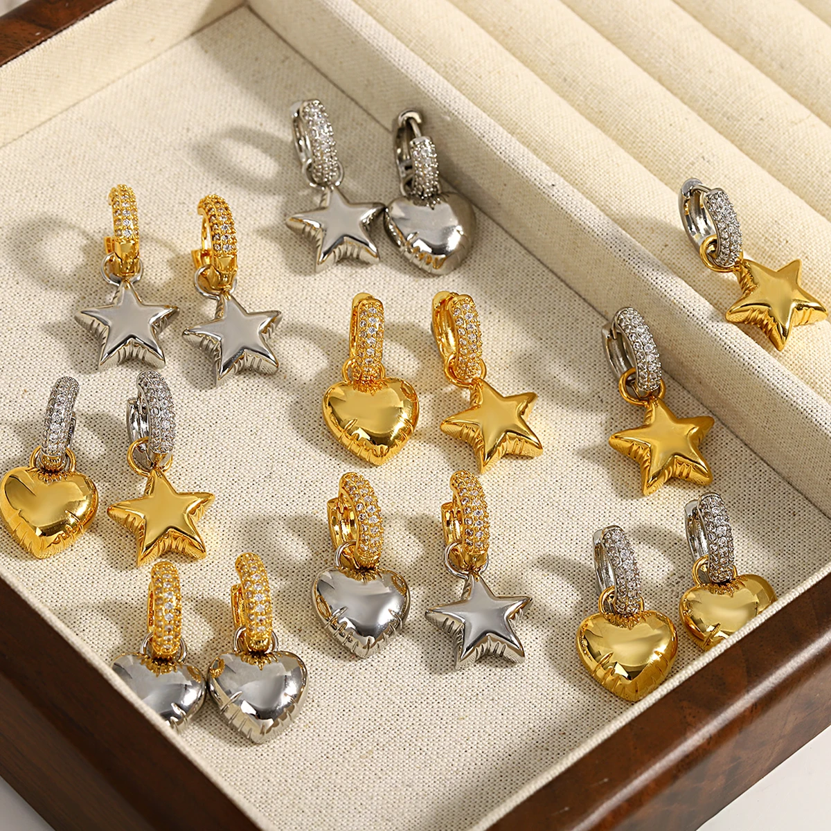 

AENSOA Asymmetrical Color Contrast Star Heart Pendant Dangle Earrings for Women’s Fashion New Design Gold Silver Color Earrings