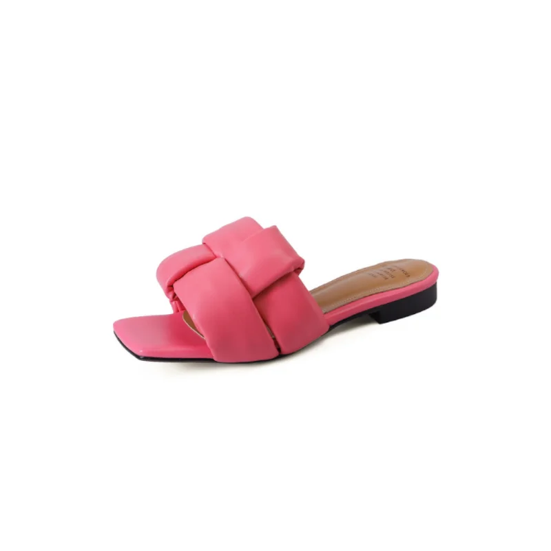 2023 Spring/Summer Colored Flat Heel Sandals Square Head Women's Heel Solid Color Slippers Women Sandals Ladies Shoes