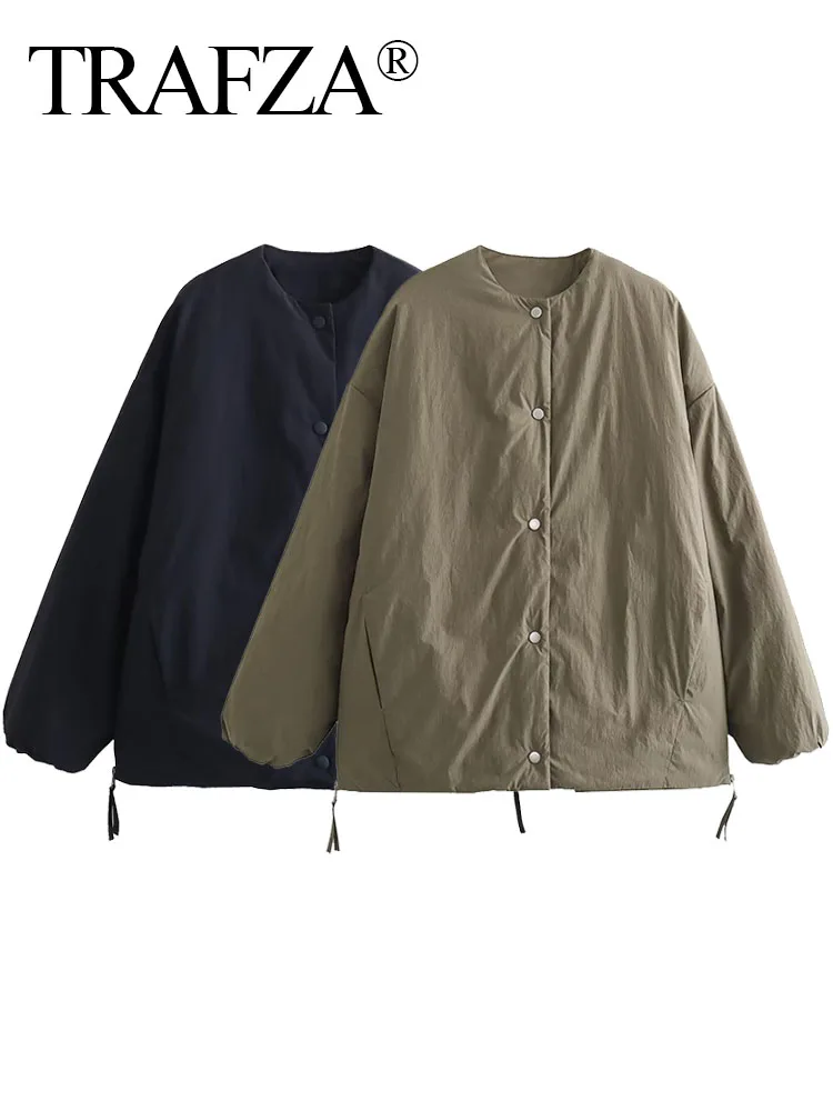 

TRAFZA Winter Coat Woman Trendy Solid Color O-Neck Long Sleeve Side Zipper Decorate Single Breasted Female Fashion Cotton Jacket
