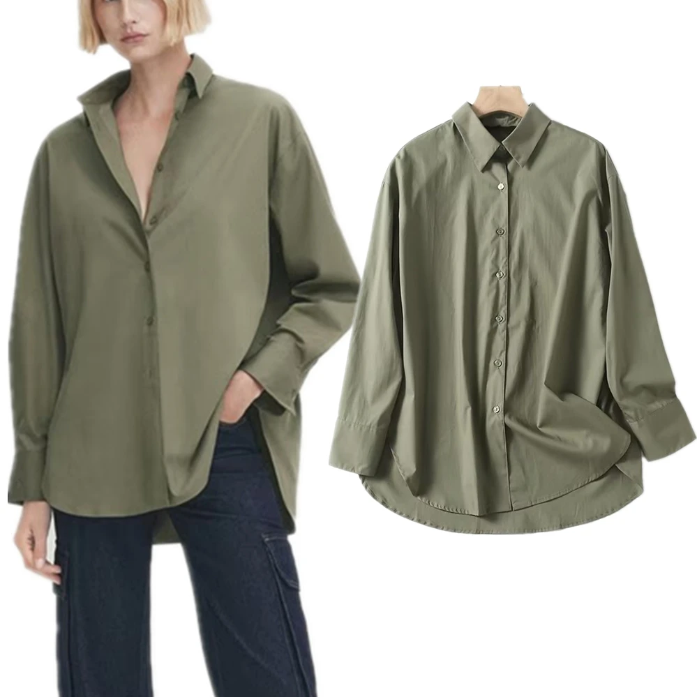 

Withered 2023 Autumn Long Sleeve French Country Style Lazy Army Green Cotton Shirt Fashion Simple Commuting Blouse Women Tops