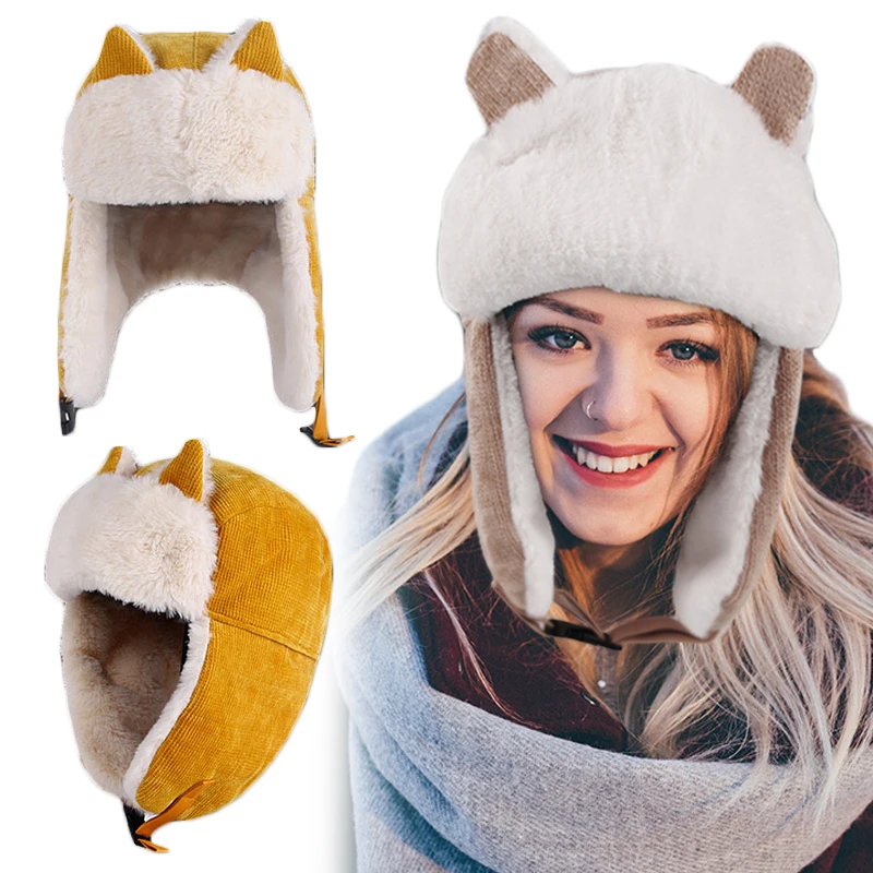

Women Warm Earmuffs Thicken Plush Ear-flapped Hat Winter Cold-proof Warm Cotton Bomber Hats Cat Ears Cap Cycling Windproof Caps