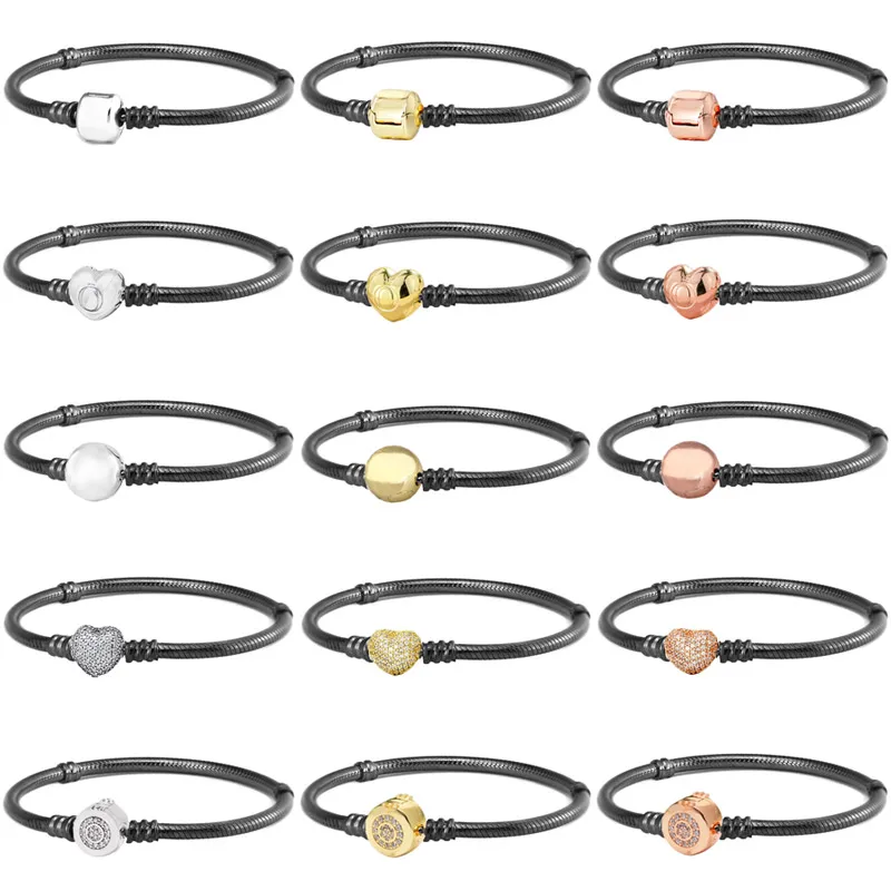 

925 Sterling Silver Sparkling Heart Crown O Barrel & Ball Snake Chain Oxidised Bracelet Bangle Fit Popular Bead Charm Jewelry