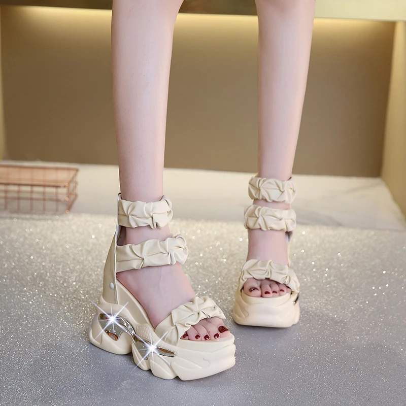 Summer Online Celebrity Chunky Sandals for Women 2023 New 7CM Height Increasing Platform Sandals Roman Slippers Women High Heels