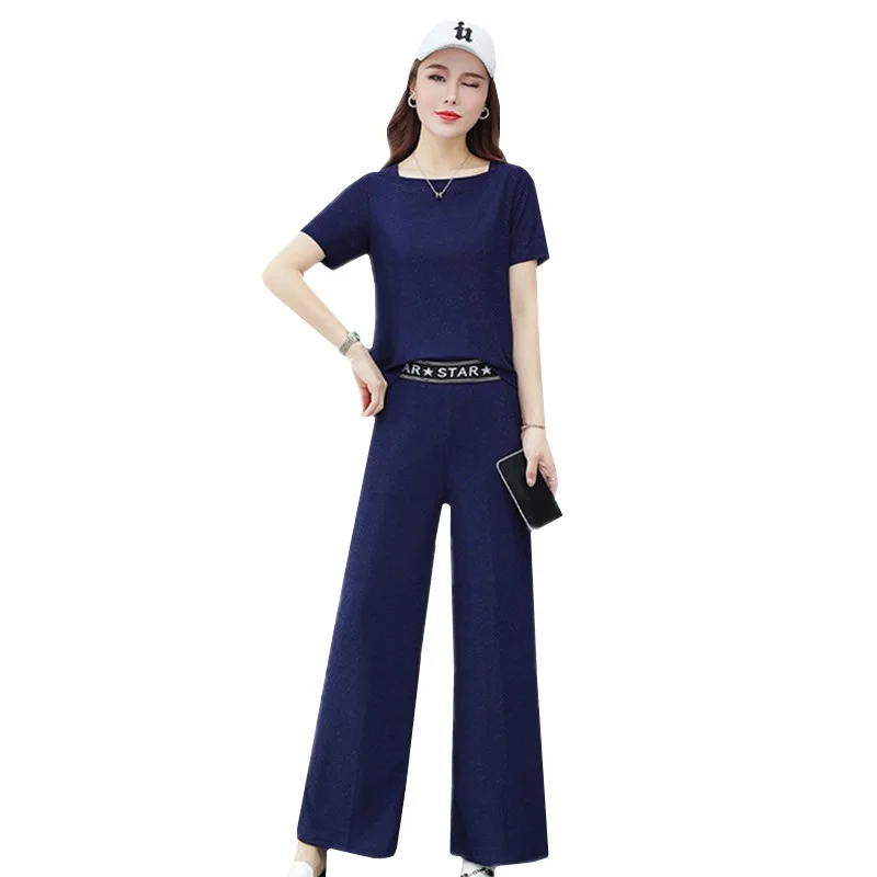 

UHYTGF Casual Outfit Two Piece Set Women Short sleeve Tops And Long Wide leg pant Loose size Suit Fashion Summer 2 Piece Set 787
