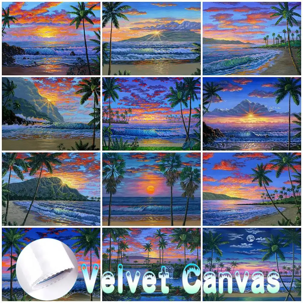 

5D DIY Velvet Canvas Diamond Painting Seaside Craft Kit Diamond Embroidery Sunset Landscape Rhinestone Art Home Decor Gift