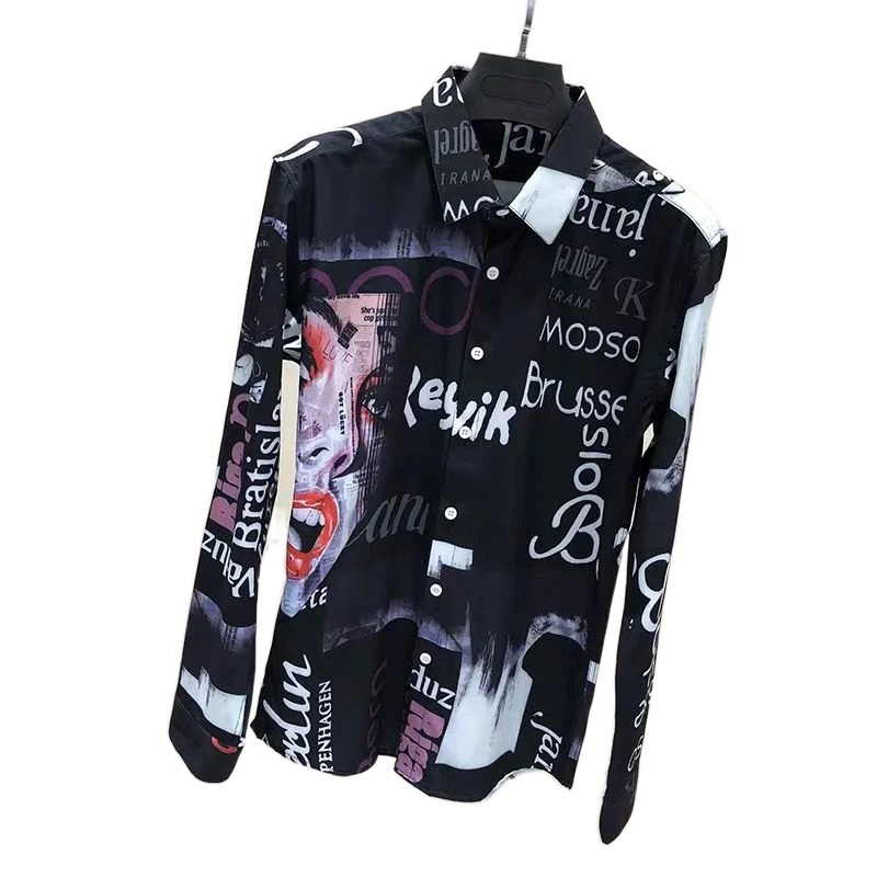 

Men shirt Long-Sleeve Spring and Autumn Korean Style Slim-Fit Trendy Cool Handsome Vintage Casual Floral Shirts Men's Clothing