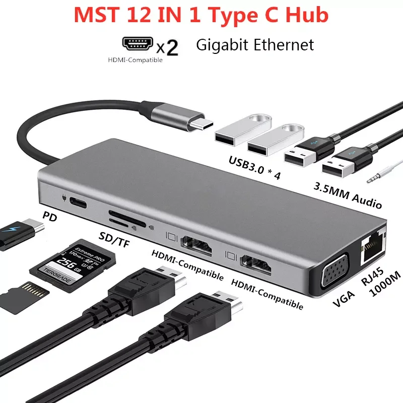 

Док-станция с двойным HDMI-совместимым 4K двойным монитором USB C адаптер USB 3,0 VGA RJ45 PD для Macbook Pro Type C стыковочный разветвитель USBC