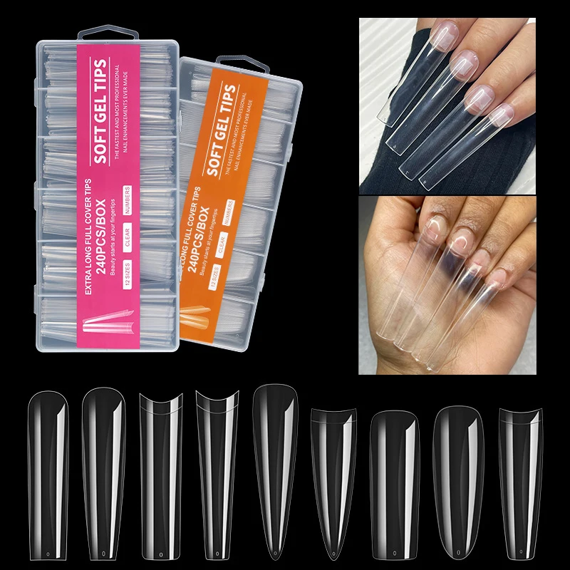 

3XL Extra Long C Curve Coffin False Nail Tips Clear 10 Sizes XXXL Ballerina Half Cover Fake Nails for Salon Nail Art Practice