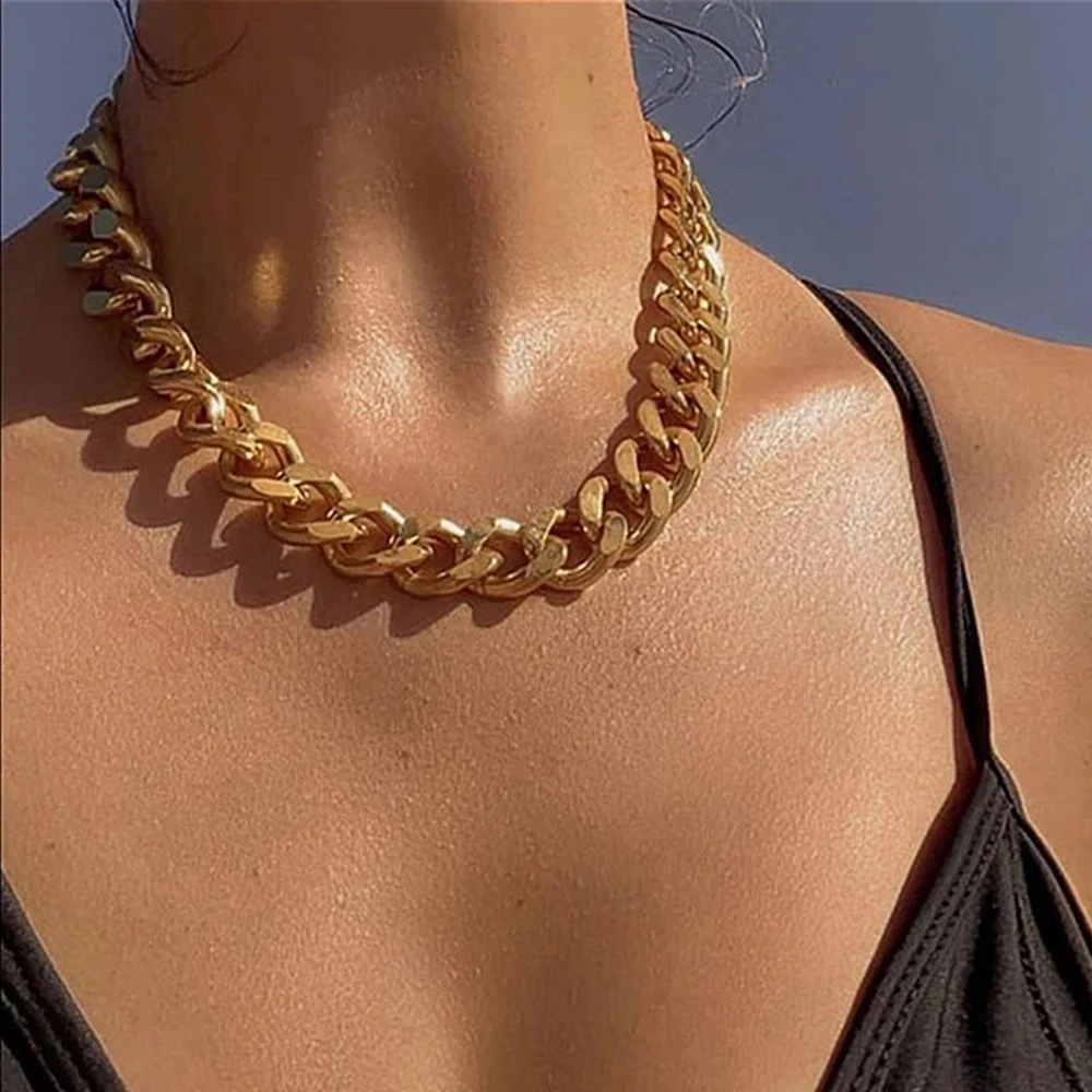 

Fashion Punk Chain Choker Necklace Collar Statement Hip Hop Big Chunky Aluminum Gold Color Thick Chain Necklace Women Jewelry