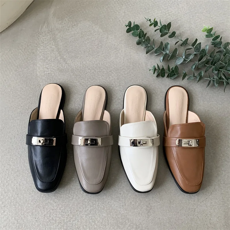 

Shallow Shoes Woman 2023 Cover Toe Woman's Slippers Loafers Rivet Low Female Mule New Flat Soft Mules Casual Rubber Slides