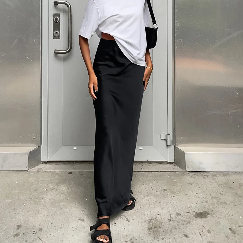 

2023 New Summer Fashion Elegant Women Black Long Skirts High Waist Office Lady Straight Casual Summer Ruched Slim Split Skirt