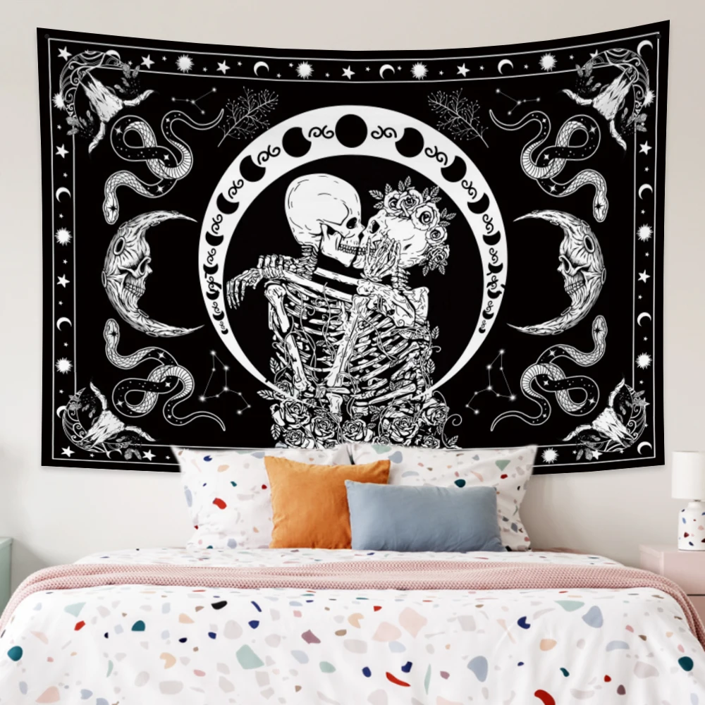 

Psychedelic Kiss Skull Snake Tapestry Aesthetic Moon Phase Hippie Macrame Wall Hanging Boho Dorm Blanket Bedroom Sheets Decor