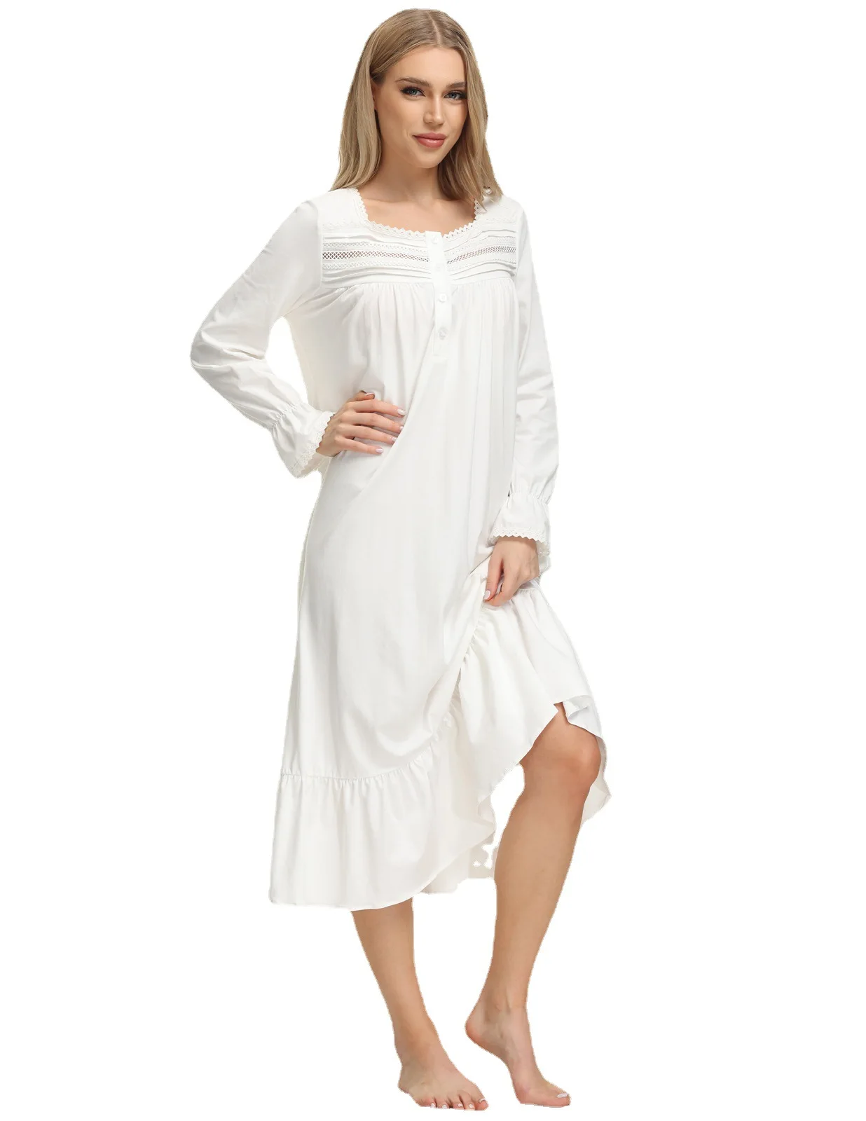 Amazon 2023 Spring and Summer Lace Women's Clothing New Cotton Home Service Long-sleeved Swing Dress Pajamas