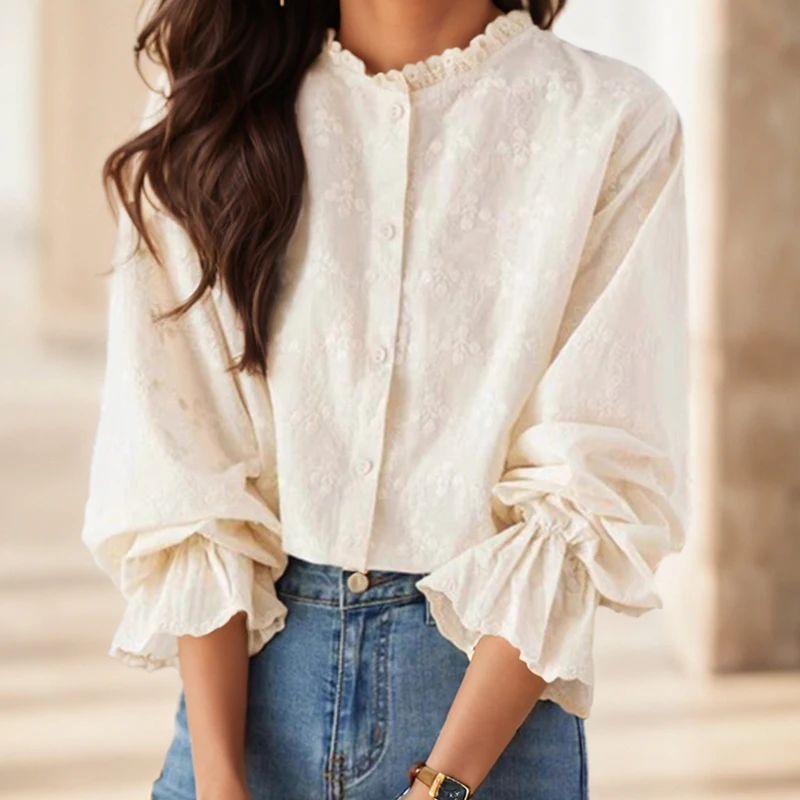Женская хлопковая блузка с длинным рукавом кружевная простая оборками и