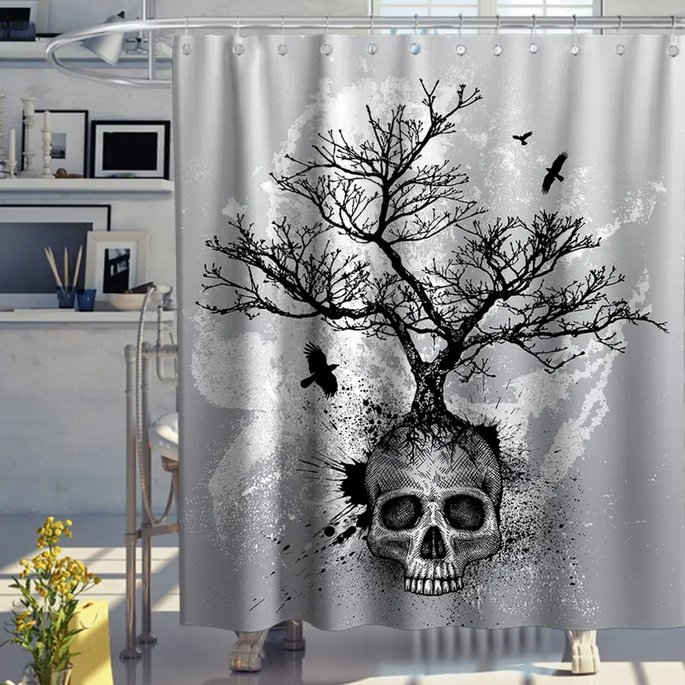 

Halloween Theme Skull Raven Shower Curtain Horror Scary Skeleton Bathroom Decor Black and White Shower Curtains with Hooks