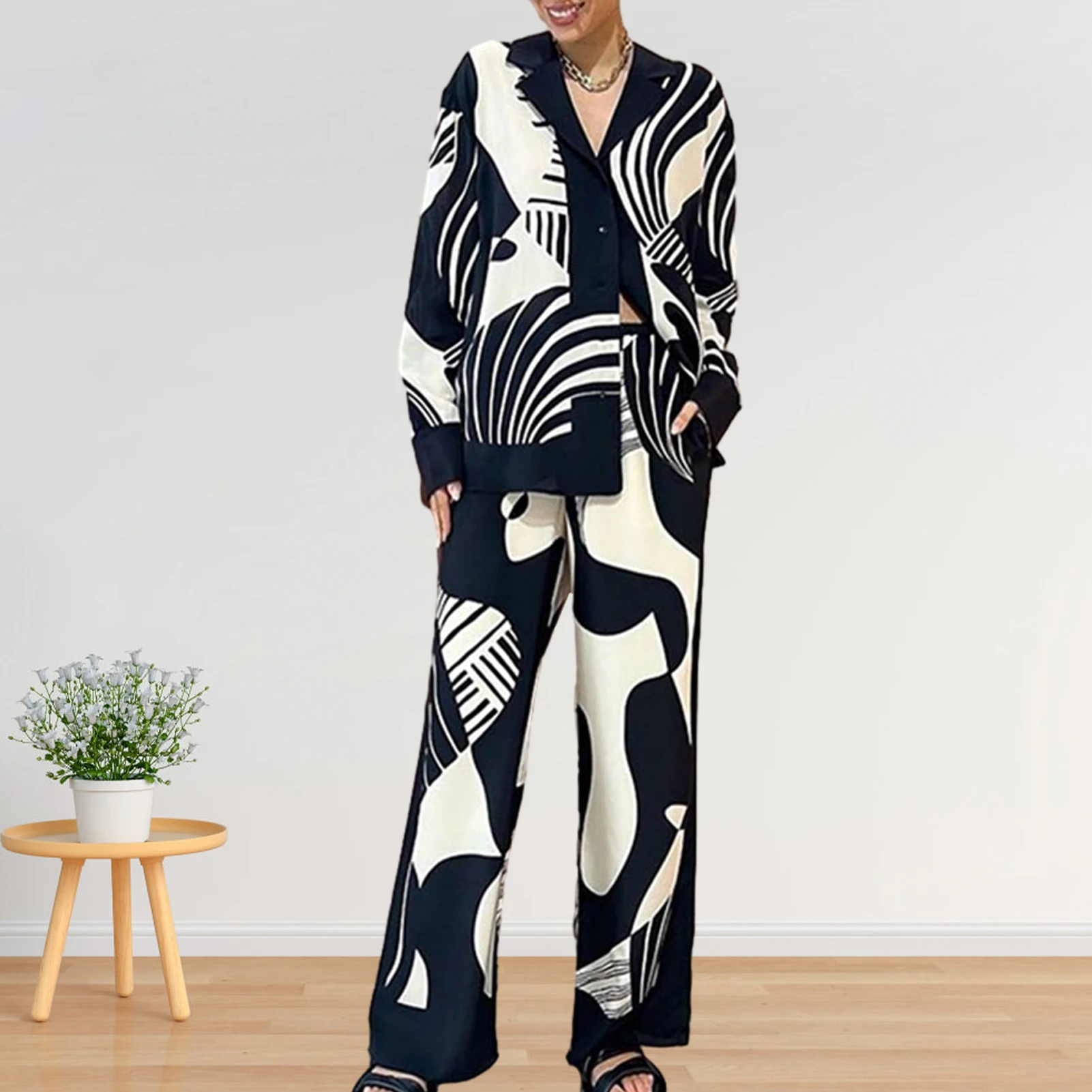 

Женский комплект из футболки и брюк с эластичным поясом, Модный комплект из топа с отложным воротником и широких брюк, повседневный свободный шикарный наряд для поездок