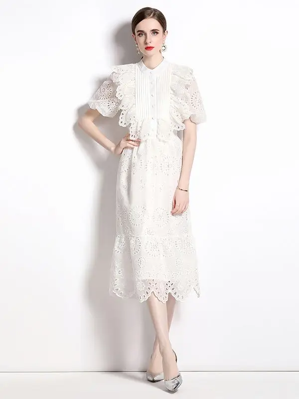 

Женское кружевное платье с коротким рукавом, белое ажурное длинное платье с оборками, праздничное пляжное платье с вышивкой, новинка на лето
