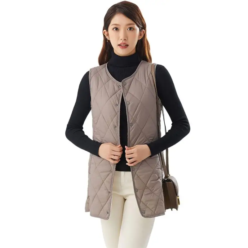 

Winter New Feminine Rhombic Lattice Collarless Long Vests Berber Fleece Slim Fitted Lightweight Pockets Solid Waistcoat