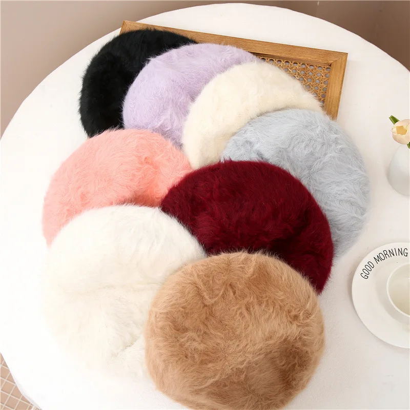 

Luxury rabbit fur beret hat for women autumn winter keep warm painter hat fashion outdoor casual pumpkin hat octagonal hat