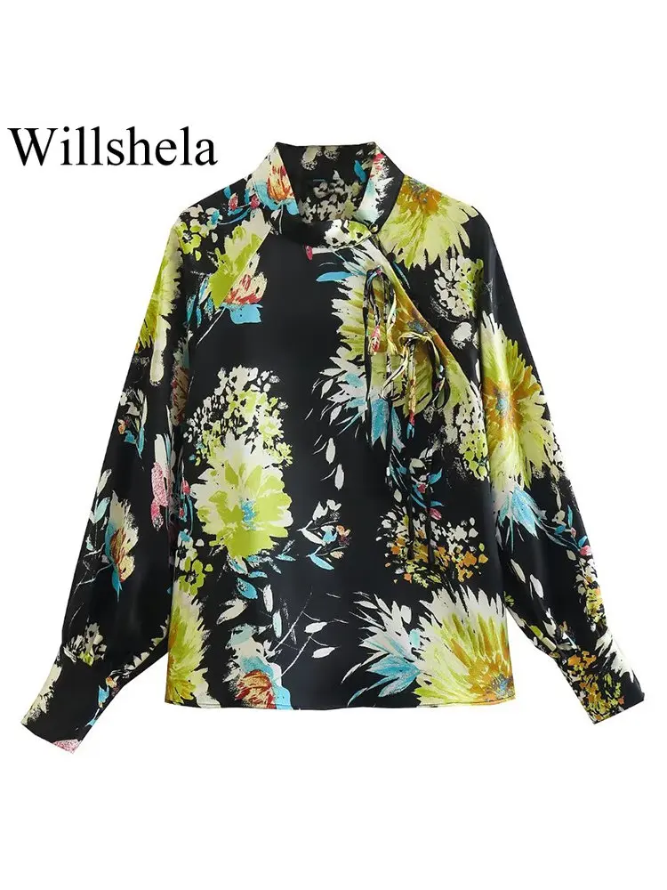 

Willshela Женская мода с бантом Печатные Рубашки винтажные с длинным рукавом o-образным вырезом женские шикарные блузки