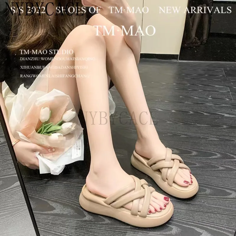 Women Real Leather Slippers Platform Solid Color Casual Outdoor Summer Sandals Fashion Ladies Footwear Size 35-40 Beach Slipper