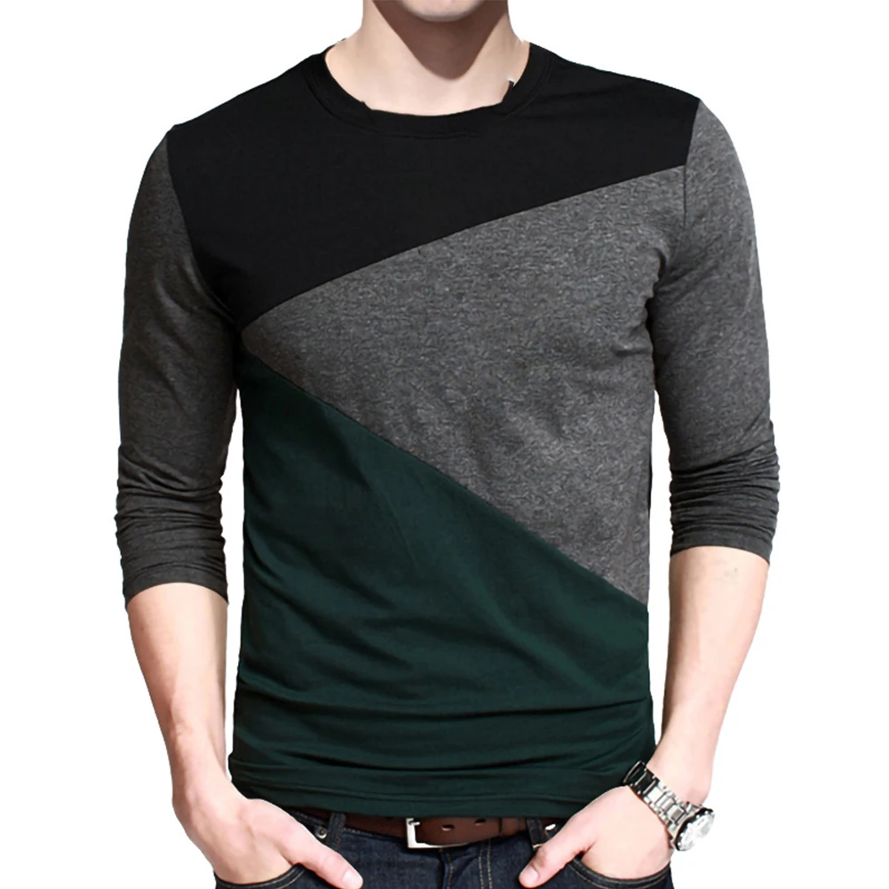 

Casual Color Patchwork T Shirt For Men Slim Fit Long Sleeve Top Vintage O Neck Basic Pullover T Shirt Tees Tops Man Clothing