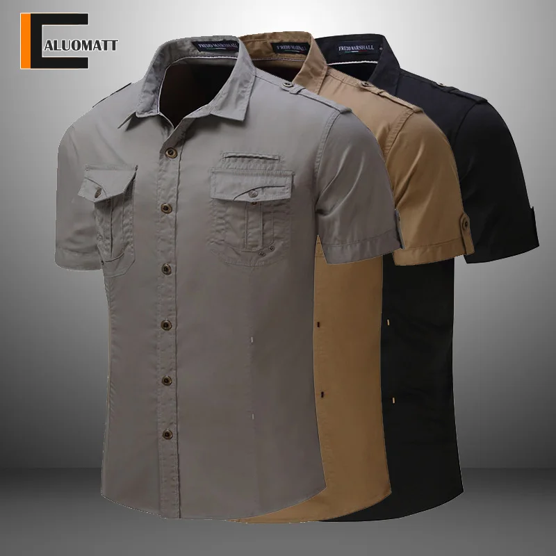 

Mens Shirts Summer Work Cargo Shirts Fashion Casual Solid Color Shirts Outdoor Military Shirts Short Sleeve Top Man Clothing