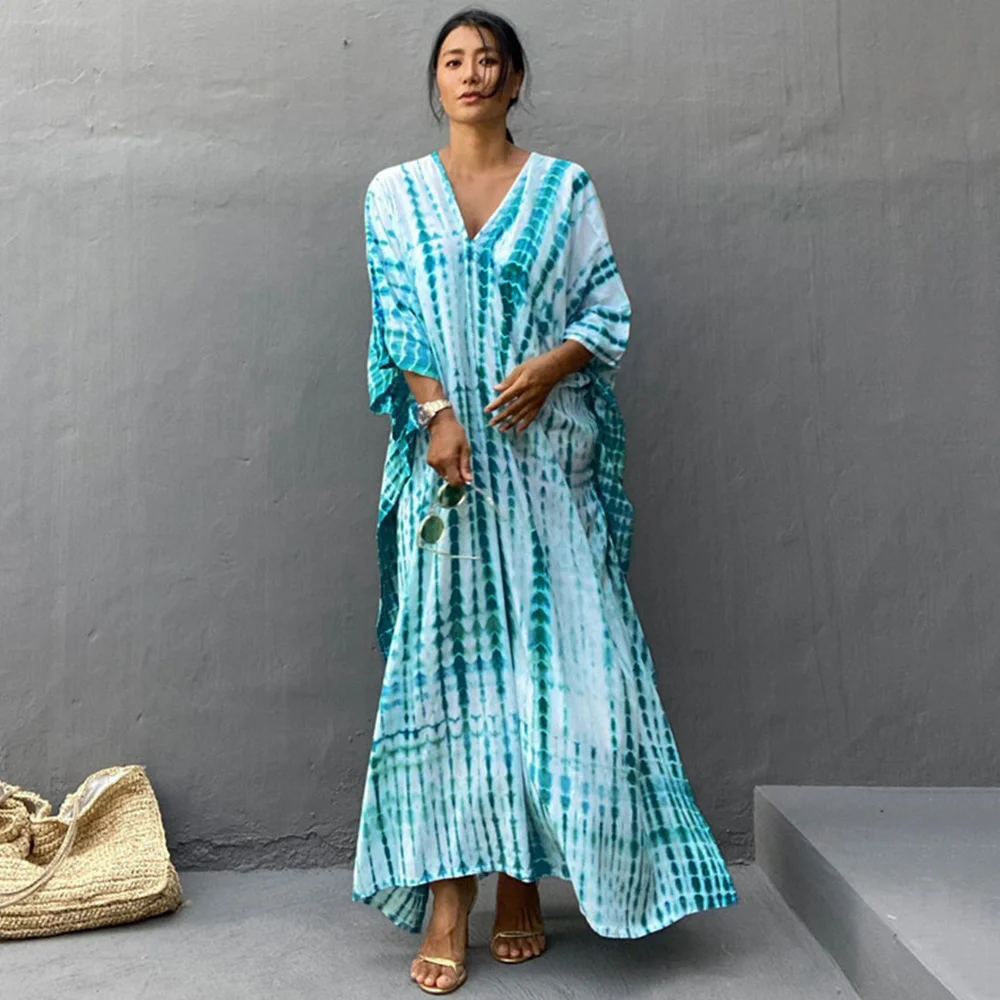 

Women Beach Dress 2022 New Sexy V-Neck Beach Cover Up Long Plus Size Beach Blouse Female Swimwear Cover Up Robe De Plage Kaftan