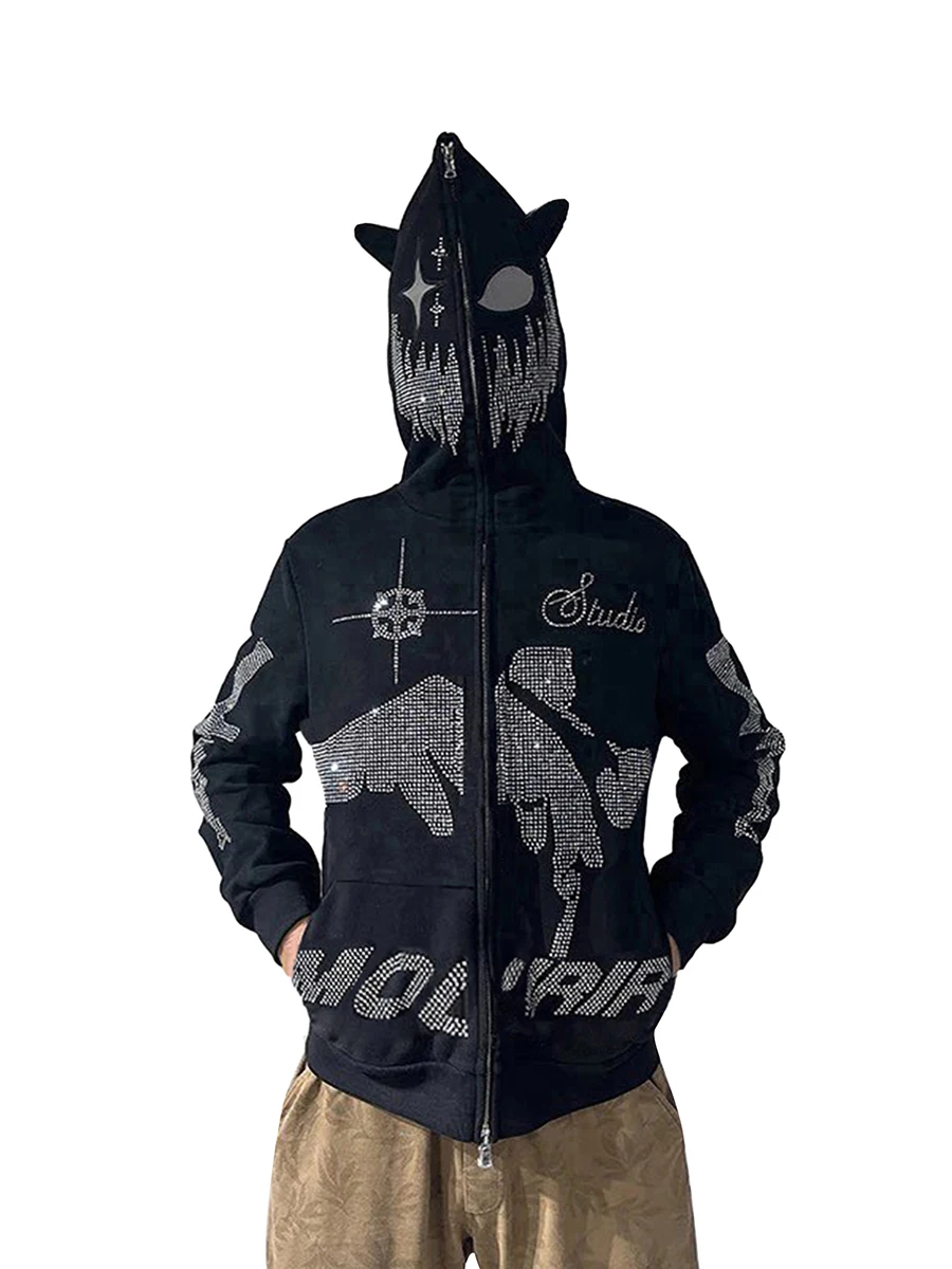 

Y2K Vintage Rhinestone Embellished Oversized Hoodie Jacket for Women and Men - Gothic Punk Grunge Sweatshirt Coat