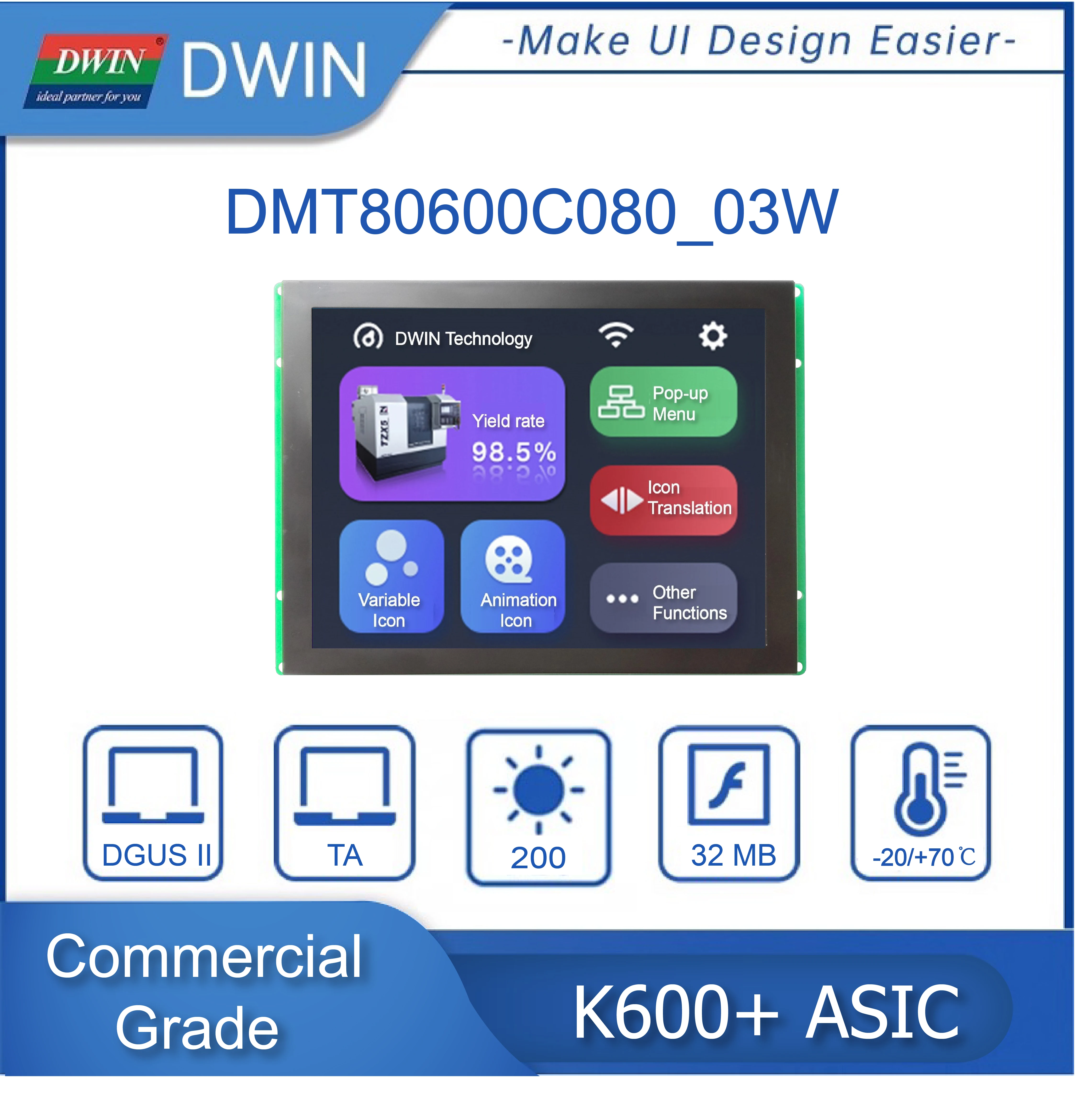 DWIN TFT LCD LCM Module 8.0 Inch 800*600 Resolution UART Serial PORT HMI Touch Panel  Display Device