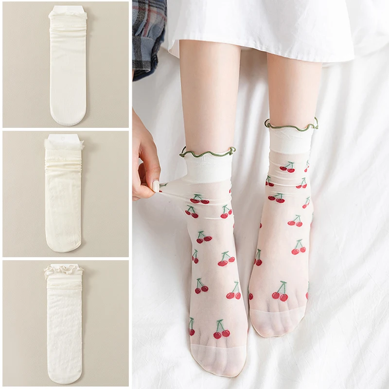 

Summer Ice Silk Socks Women Funny Thin Mesh Ruffles Socks Transparent Lovely Fruits Pattern Silk Socks Trendy Cute Strawberry