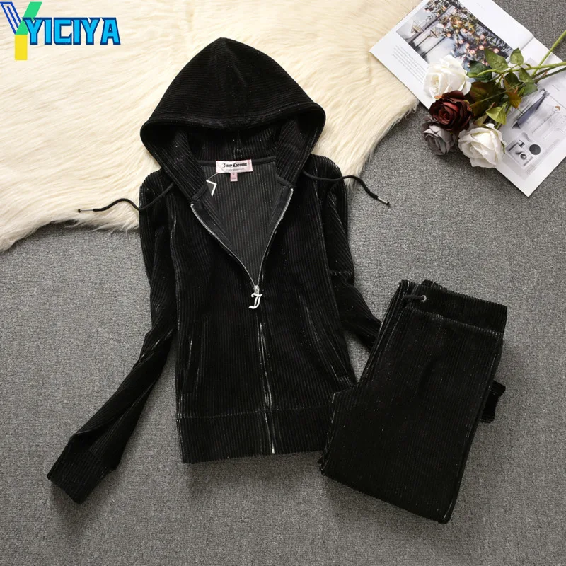 YICIYA 2022 New JC Black Velour Sewing Suit Velvet Set Tracksuit Women Crop Top Pants Winter Sets Large Size Female Sweatsuits