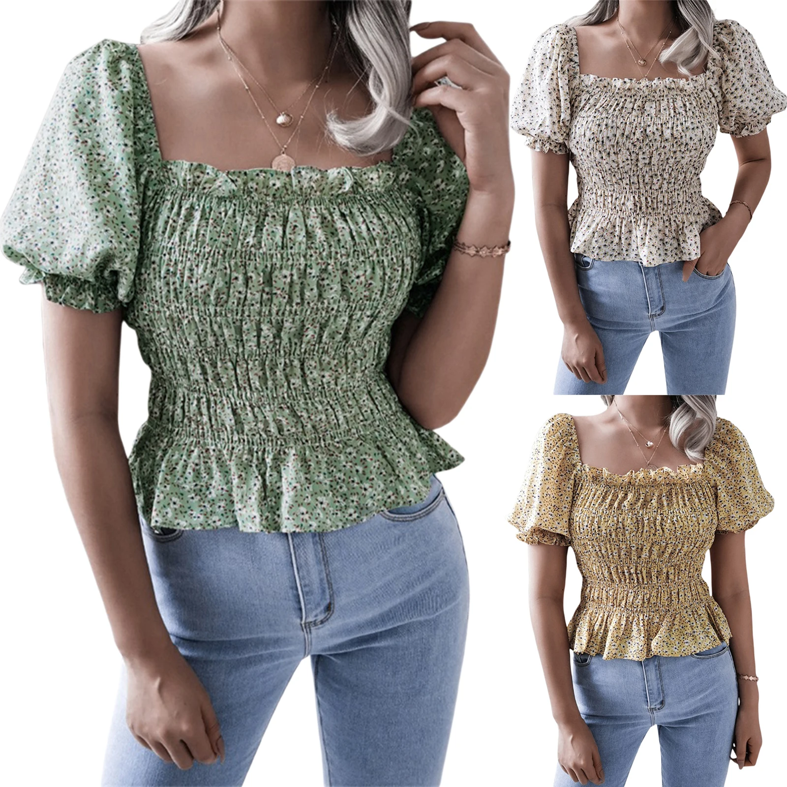 

Футболка женская шифоновая с оборками, Модный повседневный топ с цветочным принтом, с квадратным вырезом и коротким рукавом-фонариком, улич...