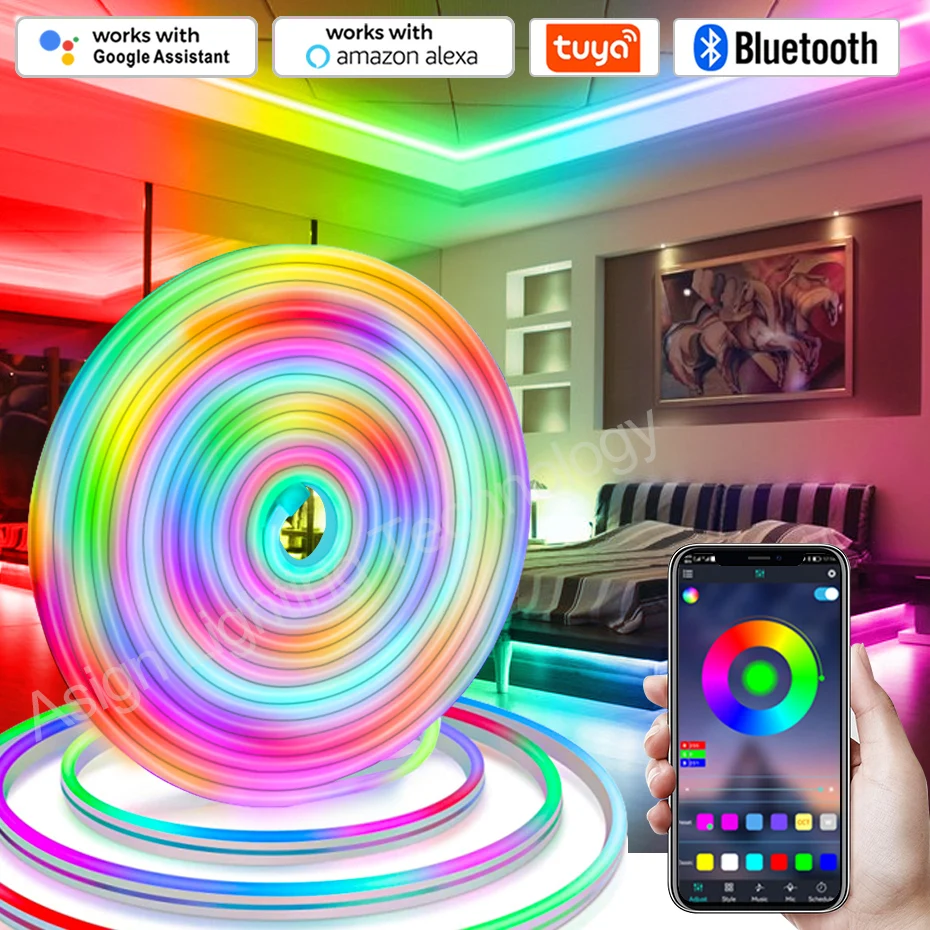 

Waterproof Dreamcolor 12V Led Neon Strip Light Tuya WiFi Soft Flexible RGBIC WS2811 Led Tape Lamp RGB Chasing Bluetooth Remote