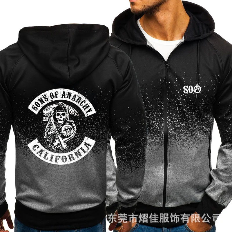 

Fashion Men's Hoodies SONS OF ANARCHY Casual Harajuku Gradient color Cardigan Coat Mens Fleece Outdoor Sweatshirts zipper Jacket
