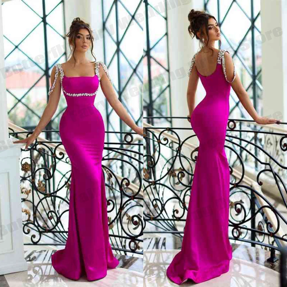 Luxurious Sexy Sleeveless Square Collar Fuchsia Satin Dresses Long Mermaid Floor Length Open Back Stretch Cut Out Party Dresses