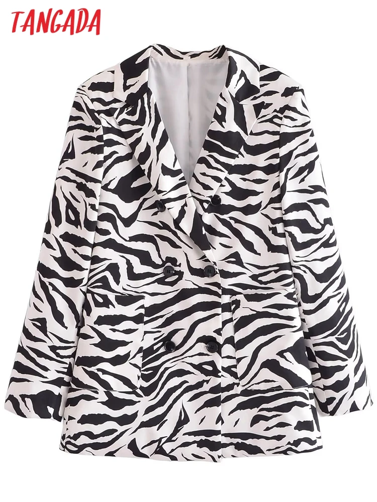 

Tangada Women Zebra Blazer Coat Vintage Notched Collar Pocket 2021 Fashion Female Casual Chic Tops 3W51